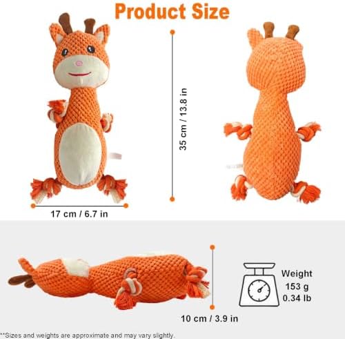 Orange Deer Plush Chew Dog Toy, 13.8 in, Squeaker and Rope