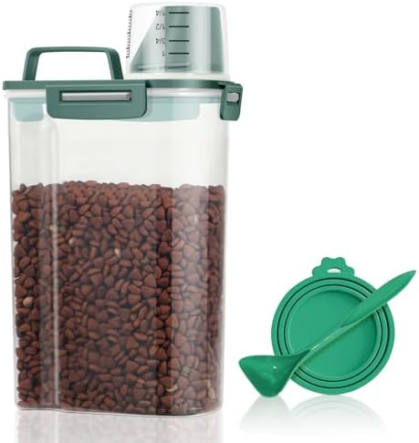 TBMax Small Dog Food Storage Container 3 Qt with Cat Food Can Cover and Mixing Spoon, Portable Travel Pet Food Dispenser with Large Spout and Cup -Bottle Green