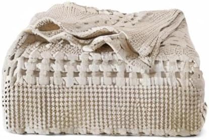 PHF 100% Cotton Waffle Weave Blanket Queen Size, Lightweight Breathable Summer Blanket for Hot Sleepers, Pre-Washed Soft Layer for Bed, Couch, Aesthetic Home Decor & Gift, 90"x90", Light Taupe/Oatmeal
