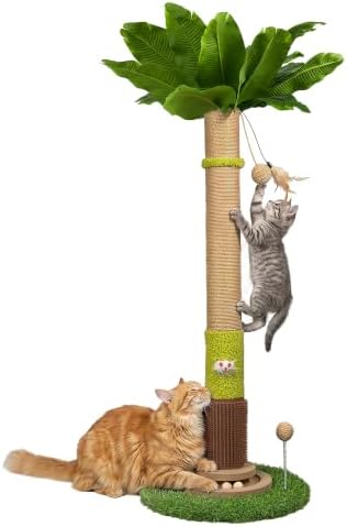 37'' Tall Cat Scratching Post, Sturdy Cat Tree Tower with Plush Perch, Hanging Toy & Interactive Wooden Ball, Durable Sisal Scratcher for Indoor Cats and Kittens