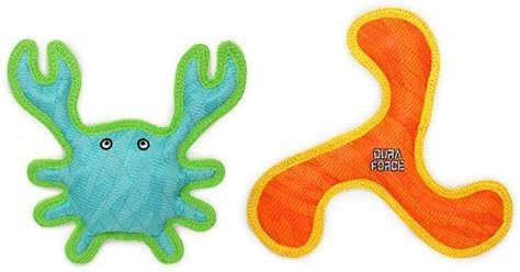 Tuffy® - DuraForce® : 2 Pack Crab & Boomerang Dog Toy: Ultra Durable Plush Toy with Multiple Layers & Reinforced Seams, Washable and Floats, DuraForce® Construction
