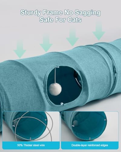 Cat Tunnel, 3 Straight Shaped Tunnels 6 DIY Shapes with Wand Toys, No Noise Scratch Resistant Cool Linen Fabric, Interactive Pet Tunnel Tube for Indoor Cats, Puppy and Rabbits
