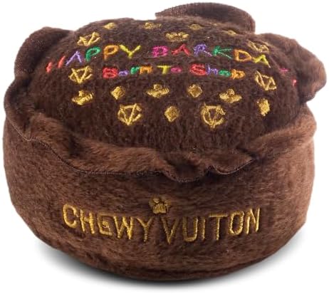 Dog Diggin Designs Chewy Vuiton Barkday Cake Plush Dog Toy | Luxury-Inspired Parody Designer Cake with Squeaker, Soft Plush Celebration Dog Toy – Prêt-à-Porter Play!