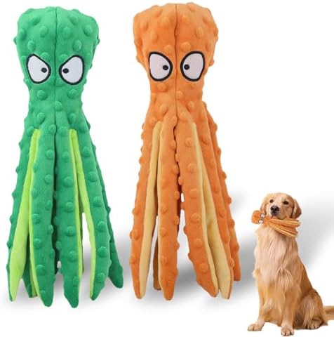 Dog Squeaky Toys Octopus, No Stuffing Plush Toys, Squeaky Octopus Dog Toy - Durable Plush for Puppies, Interactive Dogs Toys for Aggressive Chewers (Green+Orange)