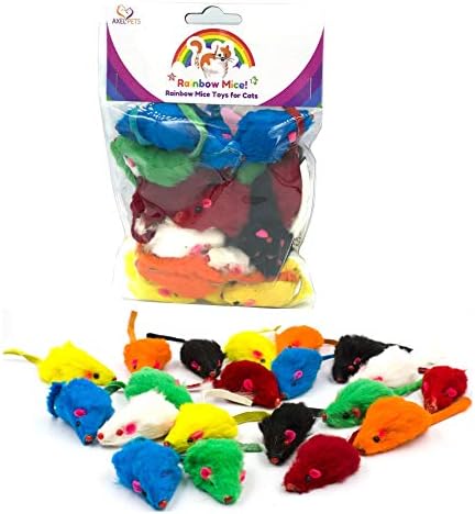 20 Rainbow Mice with Catnip and Rattle Sound Made of Real Rabbit Fur Interactive Catch Play Mouse Toy for Cat, Pack of 20 Mice