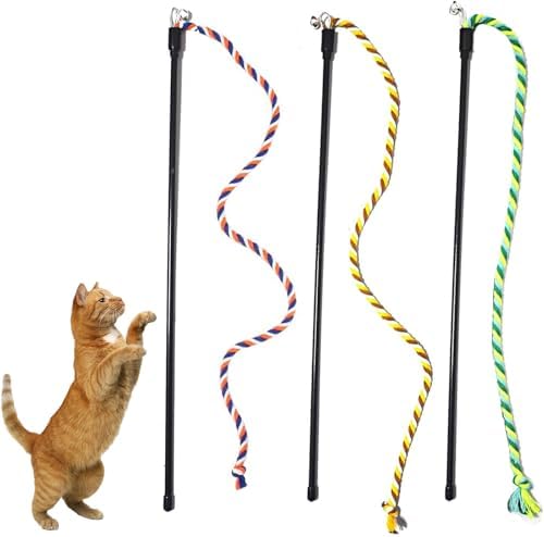 KABASI 3PCS Cat String Wand Toys, Interactive Cats Teaser Wand with Bell