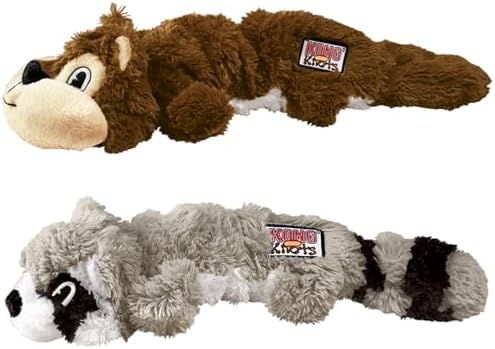 KONG Scrunch Knots 2 Pack Dog Toy – Stuffing-Free Plush with Internal Knotted Ropes & Squeaker – Durable Tug & Chew Toy (Squirrel/Raccoon Combo, Medium/Large)