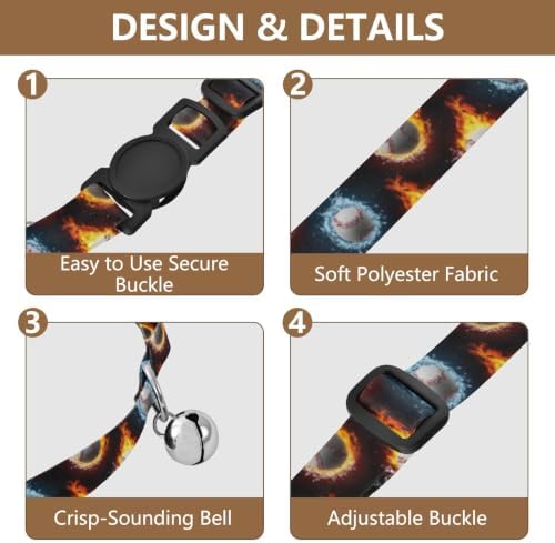 Baseballs Fire Water Splashes Dog Collar with Bell 2 Pack Kitten Collars Adjustable Length 10.6" to 17.1"