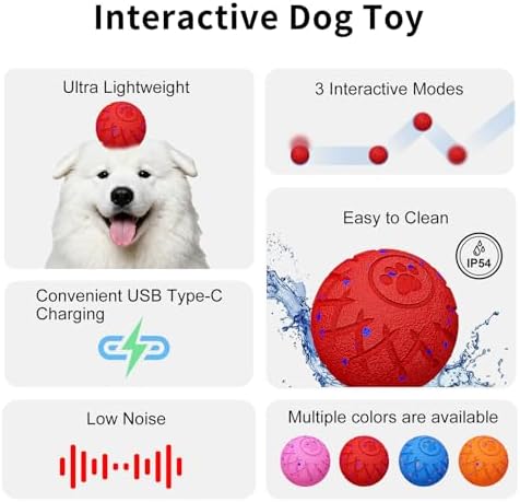Interactive Dog Toys Dog Ball, Durable Motion Pet Toys for/Small/Medium/Large Dogs, Birthday Gifts, Automatic Moving, Bouncing and Rotating, E-TPU Material, IP54 Waterproof (Red)