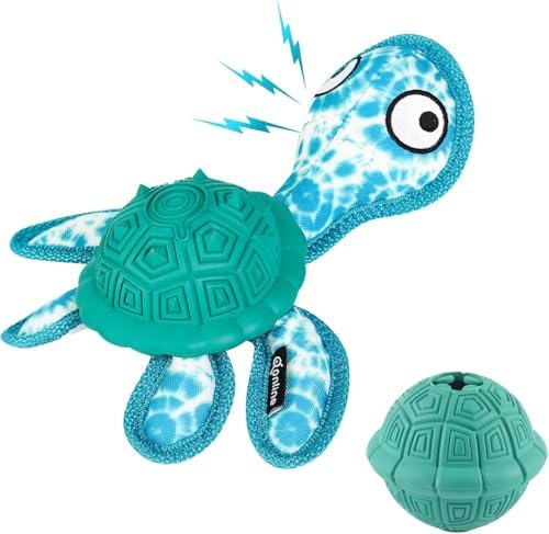 Squeaky Turtle Dog Toy, Treat Dispensing Rubber Ball, Bite Resistant Plush Chew Toy, Interactive Tug & Fetch Enrichment Toy for Medium & Small Breeds, Safe & Engaging for Puppies (Green)