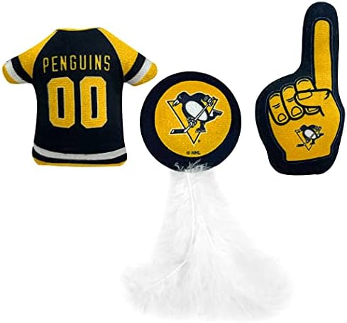 NHL PITTSBURGH PENGUINS Plush Cat Toys Set of 3 - Jersey, Hockey Puck & #1 Fan Cat Toys filled with Fresh Catnip. Team Logo