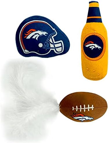 Best Plush CAT Toy - NFL Denver Broncos Complete Set of 3 piece Cat Toys Filled with Fresh Catnip. Includes: 1 Helmet Cat Toy, 1 Football Cat Toy with Feathers & 1 Beer Bottle. Beautiful Team Logos
