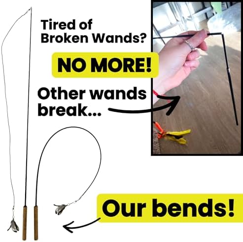 Forever Stick and 3 Strings including Chew Proof Metal Wire - The Unbreakable Cat Wand Toy, Durable Cat Toy Wand, Extra Long Cat String Toy, Cat Fishing Pole Toy for Bored Indoor Adult Cats, Stick Toy