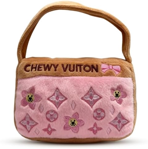 Dog Diggin Designs Chewy Vuiton Pink Blossom Plush Dog Toy Purse | Luxury-Inspired Parody Designer Handbag with Squeaker, Soft Plush Fashion Dog Toy – Haute Couture Purses & Handbags