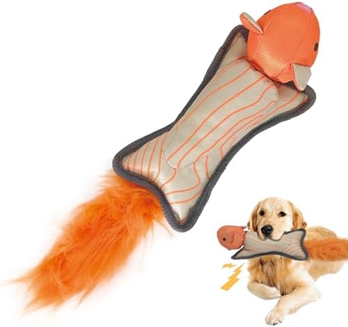 16.54 Inch Orange Squirrel Slingshot Flying Dog Toy, Oxford Squeaky Chew Toy for Fetch Training, Interactive Durable Toy for Medium Large Dogs