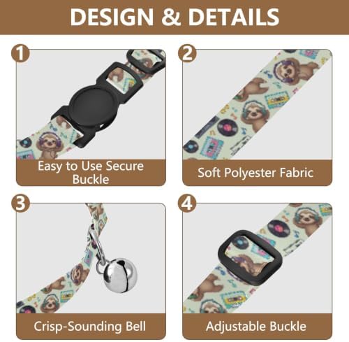 Cute Cartoon Sloths Listening Music Adjustable Buckle Kitten Collar 2 Pack Lightweight Pet Collar for Cats and Dogs