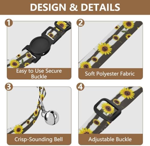 2 Pack Kitten Collars Yellow Sunflowers Striped Kitten Collar with Bell, Adjustable Length 10.6" to 17.1"