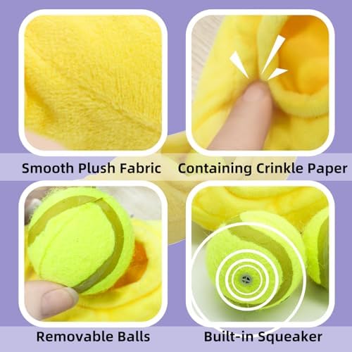 Andiker Dog Squeaky Toy with Plush Crinkle Fabric and Puppy Tennis Balls Inside, Cute Fruit Shapes Creative Dogs Chew Toy Interactive Dog Toys for Indoor Dogs Chasing Chewing Entertaining (Banana)