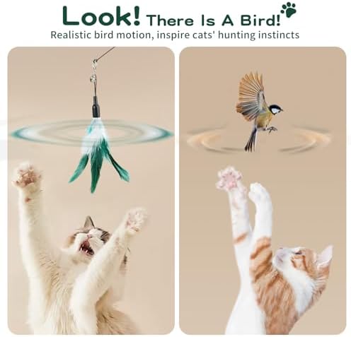 Pawaboo Cat Feather Wand Interactive Toy, 2 Feathers + 1 Wand with Bell