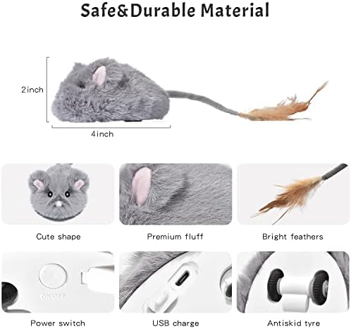 Automatic Cat Toy Cat Mouse Toy Moving Cat Toy with Furry Tail Boredom Busters Interactive Cat Toys for Indoor Cats Hunting Cat Mice Toys (Grey)