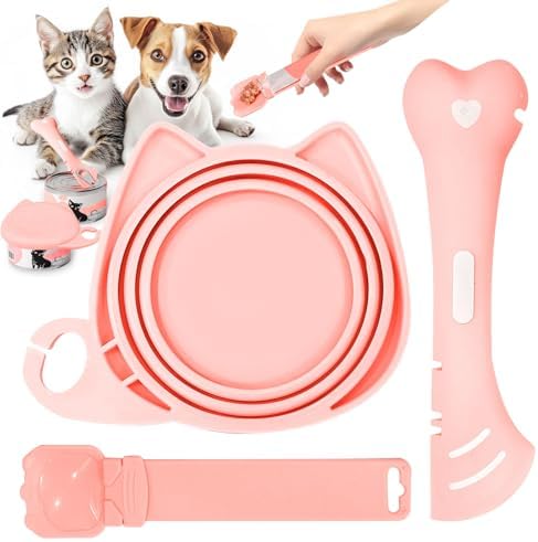 BAEJMJK Silicone Cat &Dog Food Can Cover Lid and Spoon With One Cat Strip Feeder 3Pcs Pet Cats Supplies Set Cute Shape Cats Wet Food Spoon(Opener/Spatula) Universal Can Cover（Pink）