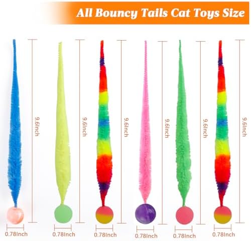 Bouncy Ball With Tail Cat Toy, 6 Packs Rainbow Magic Worm With Ball for Cats, Colorful Fuzzy Worm Bouncy Balls (Rainbow Large)