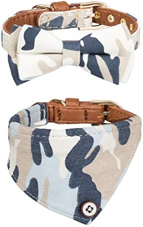 Small Dog Collar Set, 2Pcs Puppy Cat Collar with Bow Tie & Bandana, Durable PU Leather Canvas Tiny Pet Scarf for Small Breed Pets camo-Blue