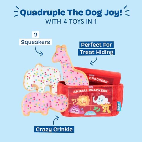 BarkBox Animal Squeakers 4-in-1 Interactive Plush Dog Toy | Squeaky Dog Toys with Crinkle Box and Treat-Hiding - For Extra Small to Small Dogs and Puppies