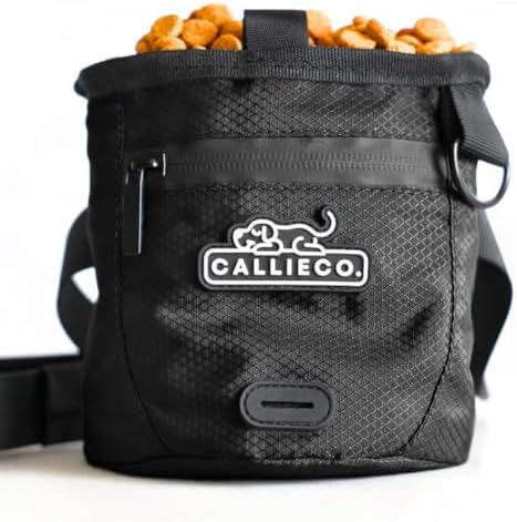 Callieco Mini Dog Treat Pouch with Magnetic & Zipper Closure | Small Waist Belt Training Behavior Aid Bag for Dog Walking with Poop Bag Dispenser (Black)