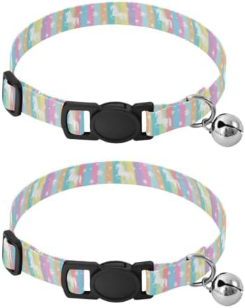 2 Pack Pet Collars Unicorns White Stars Pastel Stripes Dog Bell Collar, Adjustable Length 10.6" to 17.1"