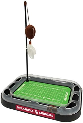 Pets First NCAA Oklahoma Sooners Football Field CAT Scratcher Toy with Catnip Filled Plush Football Toy & Hanging Feather Cat Wand Toys, with Jingle Bell Interactive Ball Cat Chasing 6-in-1 Kitty Toy