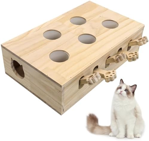 kathson Whack A Mole Cat Toy, Wooden Enrichment for Indoor Cat, Interactive Kitten Puzzle Toy for All Ages Cats Intelligence Training and Exercise (Rectangular)