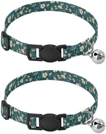 Botanical Stems Teal Metal Bell Included Small Dog Collar 2 Pack Comfortable Cat Collar