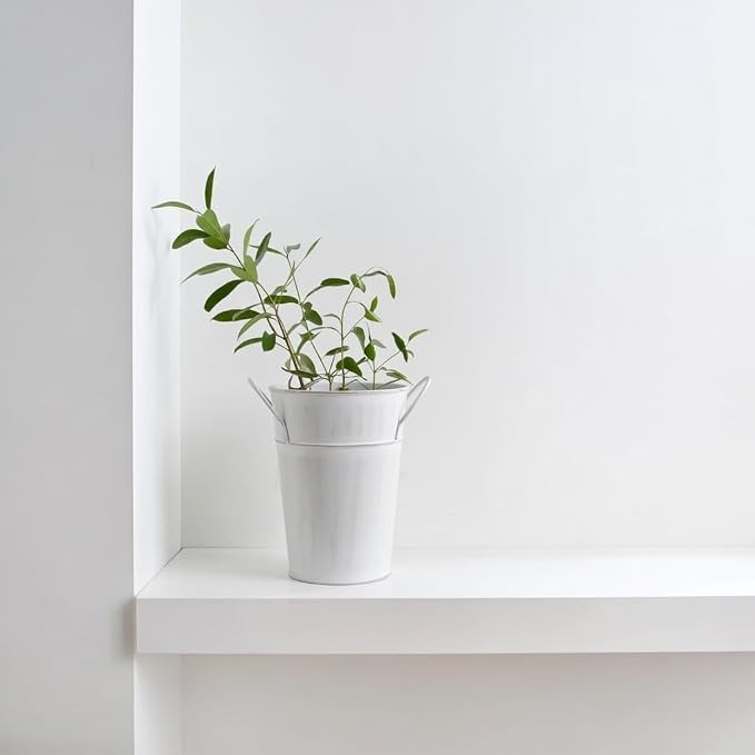 Hosley Set of 2 White Wash Finish Bucket/Pot Vase with PVC Liner, 5" Dia x 7" H Ideal Gift for Floral Arrangements Wedding Home Office Party DIY Indoor Outdoor Garden Patio