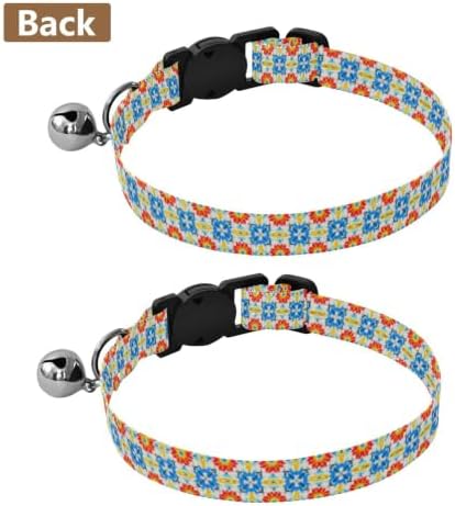 Floral Geometric Blue Collars for Puppies, 2 Pack Cat Collars with Bell