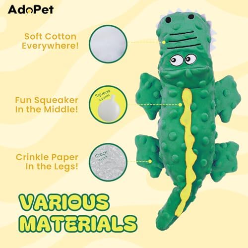 Squeaky Octopus Dog Toy – No Stuffing, Crinkle Sound Plush Chew Toy for Small and Medium Dogs – Durable and Machine Washable – 2 Pack (Green Crocodile)