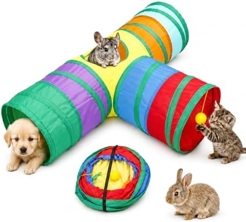 Rabbit Tunnel Collapsible 3 Way Tunnels and Tubes with Interactive Ball Bunny Hideout - Small Animal Activity Tunnel Toys for Dwarf Rabbit, Guinea Pig, Kitty