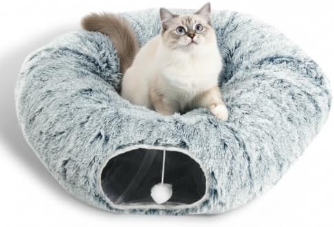AUOON Plush Cat Tunnel Bed for Indoor Cats, 36" L x 36" W x 11.5" H, Gray