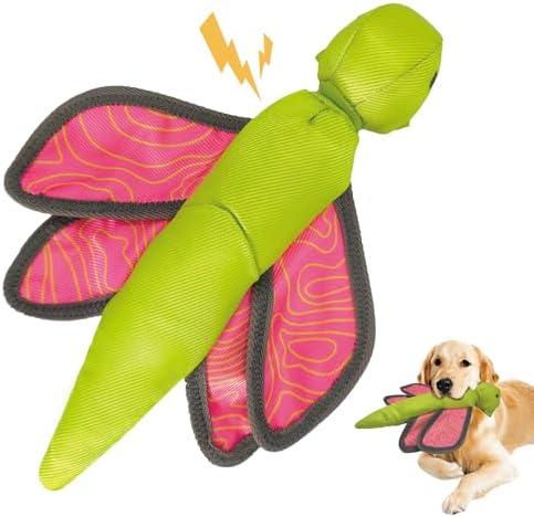 12.2 Inch Pink Green Dragonfly Slingshot Flying Dog Toy, Oxford Squeaky Crinkle Chew Toy for Fetch Training, Interactive Durable Toy for Medium Large Dogs