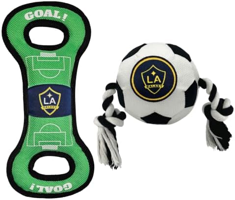 Pets First MLS LA Galaxy Soccer Field Tug Toy & Soccer Ball Rope Toy Set for Dogs - Officially Licensed Interactive Squeaky Rope Fetch & Chew Toys with Team Logo