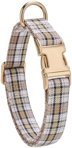 Soft Cotton Dog Collar Classic Plaid Pet Collars with Metal Clasp for Large Dogs with Sensitive Skin, Creamy Countryside