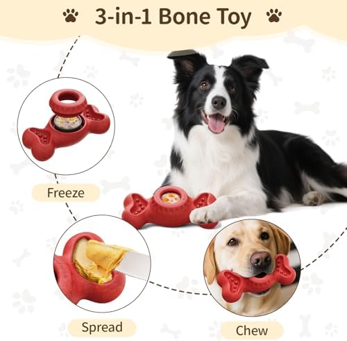 3-in-1 Enrichment Dog Toy for Aggressive Chewers, Frozen Treat Toy & Interactive Treat Dispenser with Peanut Butter Grooves, Long Lasting Chew Toy for Large Dogs, Easy to Clean, Red