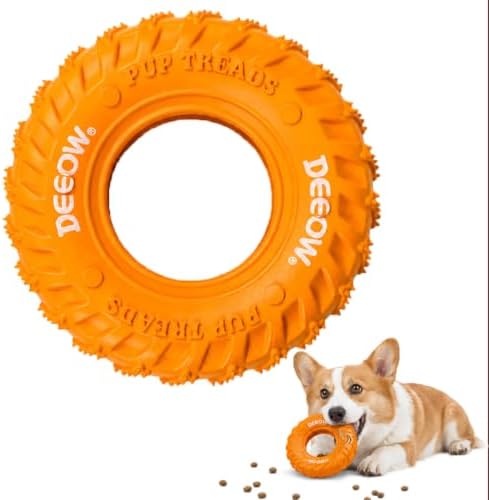 Deeow Dog Chew Tire Toy, Natural Rubber Puppy Teething Ring-6.3'' Orange