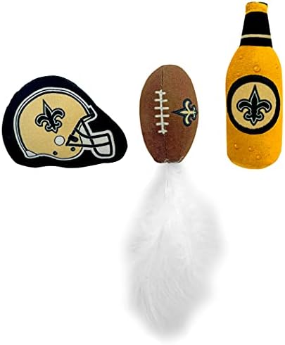 BEST PLUSH CAT TOY: NFL NEW ORLEANS SAINTS Complete Set of 3 piece Cat Toys filled with Fresh Catnip. Includes: 1 Helmet Cat Toy, 1 Football Cat Toy with Feathers & 1 Beer Bottle. Beautiful Team LOGOS