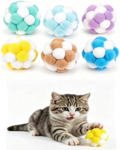 Cat Pom Pom Balls with Bells, 6 PCS Soft Fuzzy Cat Toy Balls, 1.77in Colorful Interactive Kitten Chew Scratching Toys, Lightweight Indoor Outdoor Play Balls for Kittens & Indoor Cats
