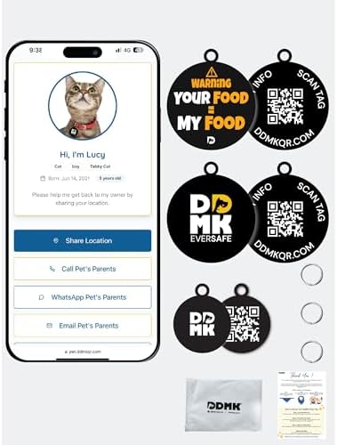 DDMK Smart Pet Tag Set | Includes 3 Tags | QR Code for Instant Alerts | Custom Pet Profiles | Durable & Waterproof | No Subscriptions or Fees |24-Your Food = My Food