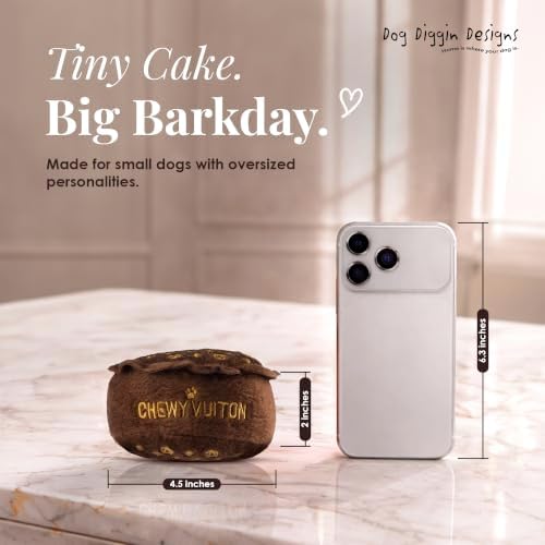 Dog Diggin Designs Chewy Vuiton Barkday Cake Plush Dog Toy | Luxury-Inspired Parody Designer Cake with Squeaker, Soft Plush Celebration Dog Toy – Prêt-à-Porter Play!
