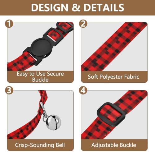 Buffalo Plaid Red Black Small Dog Collar with Bell 2 Pack Small Dog Collar Adjustable Length 10.6" to 17.1"