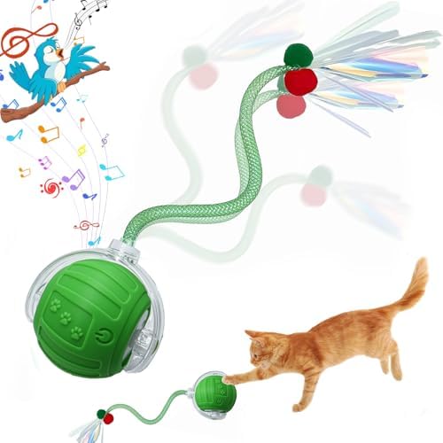 Interactive Cat Toys Ball for Indoor Cats, Automatic Self-Rolling, Motion-Activated, Bird Chirping Cats Dogs Ball Toy with Elastic Mesh Tail, Cat Enrichment Toys for Indoor Cats (Green)