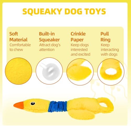 Mihachi Squeaky Dog Toys, Plush Stuffed Puppy Toys with Crinkle Paper-Tug of War Dog Toys for Small, Medium and Large Dogs Duck Interactive Squeaky Pet Toys to Keep Them Busy, Yellow Duck
